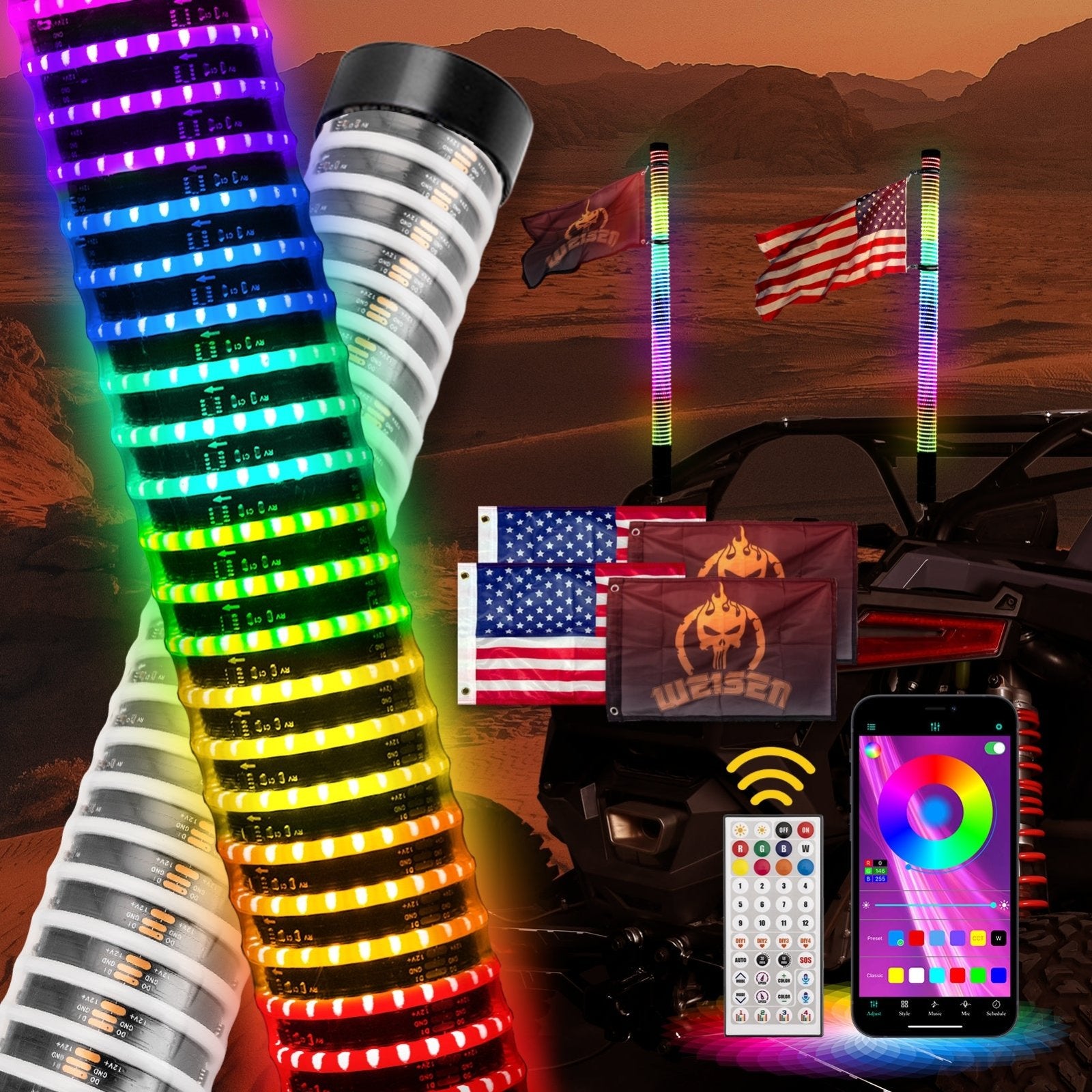 2pcs 3FT Fat Spiral RGB Chasing Lighted Antenna Whips, Fat COB RGB Whip Lights fit UTVs ATVs SUVs RVs - Weisen