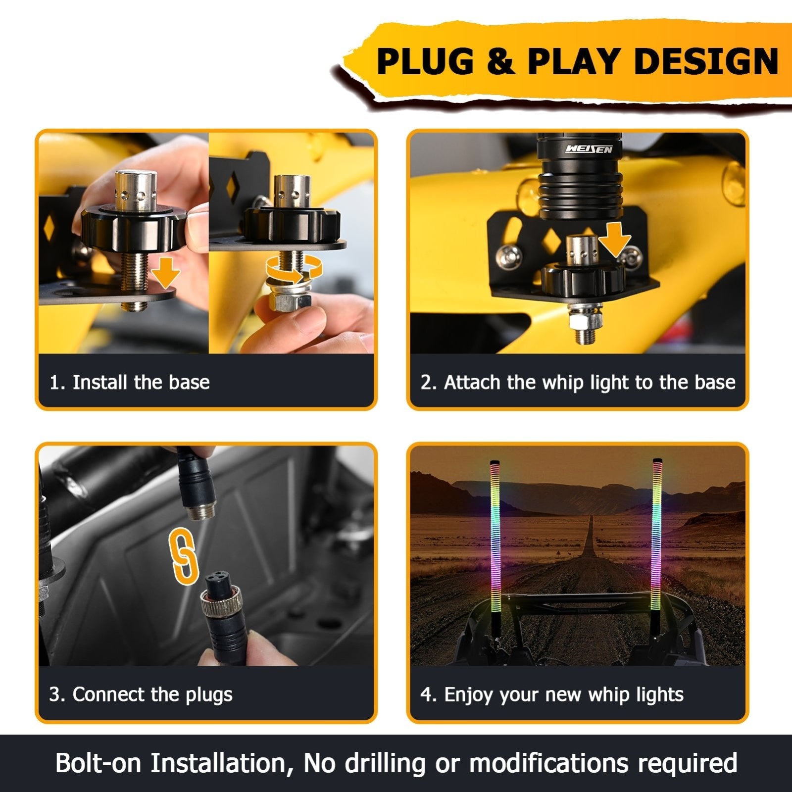 2pcs 3FT Fat Spiral RGB Chasing Lighted Antenna Whips, Fat COB RGB Whip Lights fit UTVs ATVs SUVs RVs - WeiSen - 80204017