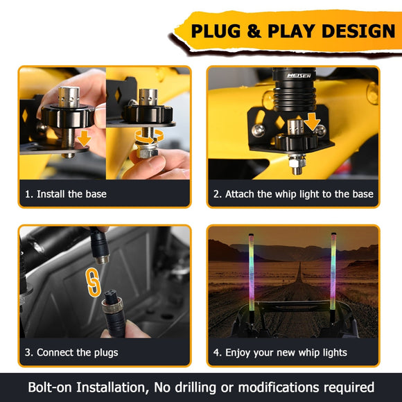 2pcs 3FT Fat Spiral RGB Chasing Lighted Antenna Whips, Fat COB RGB Whip Lights fit UTVs ATVs SUVs RVs - WeiSen - 80204017