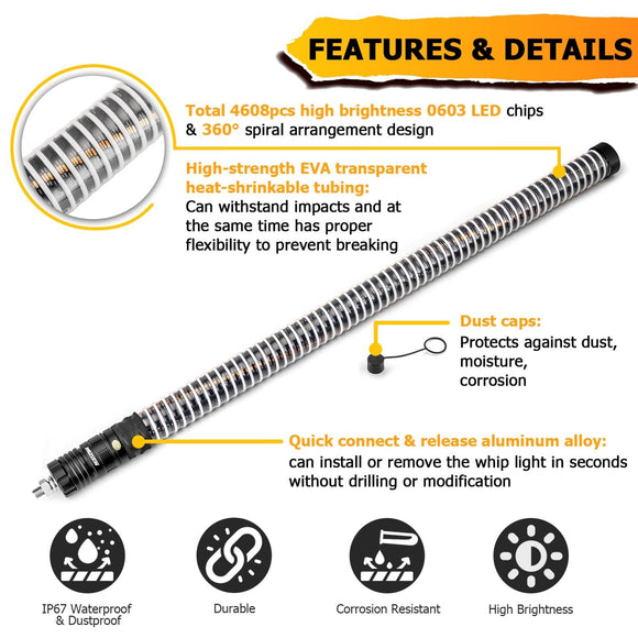 2pcs 3FT Fat Spiral RGB Chasing Lighted Antenna Whips, Fat COB RGB Whip Lights fit UTVs ATVs SUVs RVs - WeiSen - 80204017