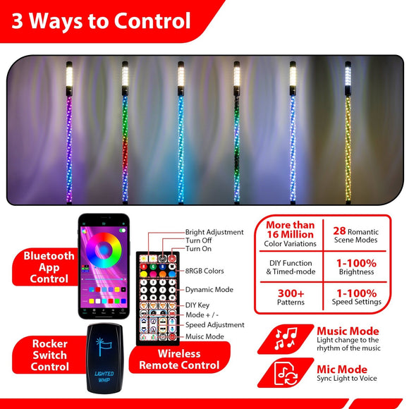 2Pcs 3FT LED RGB Whip Lights with Top Strobe For UTVs, ATVs, SUVs, RVs, Trailers, Golf Carts, Trucks - WeiSen - 80204020