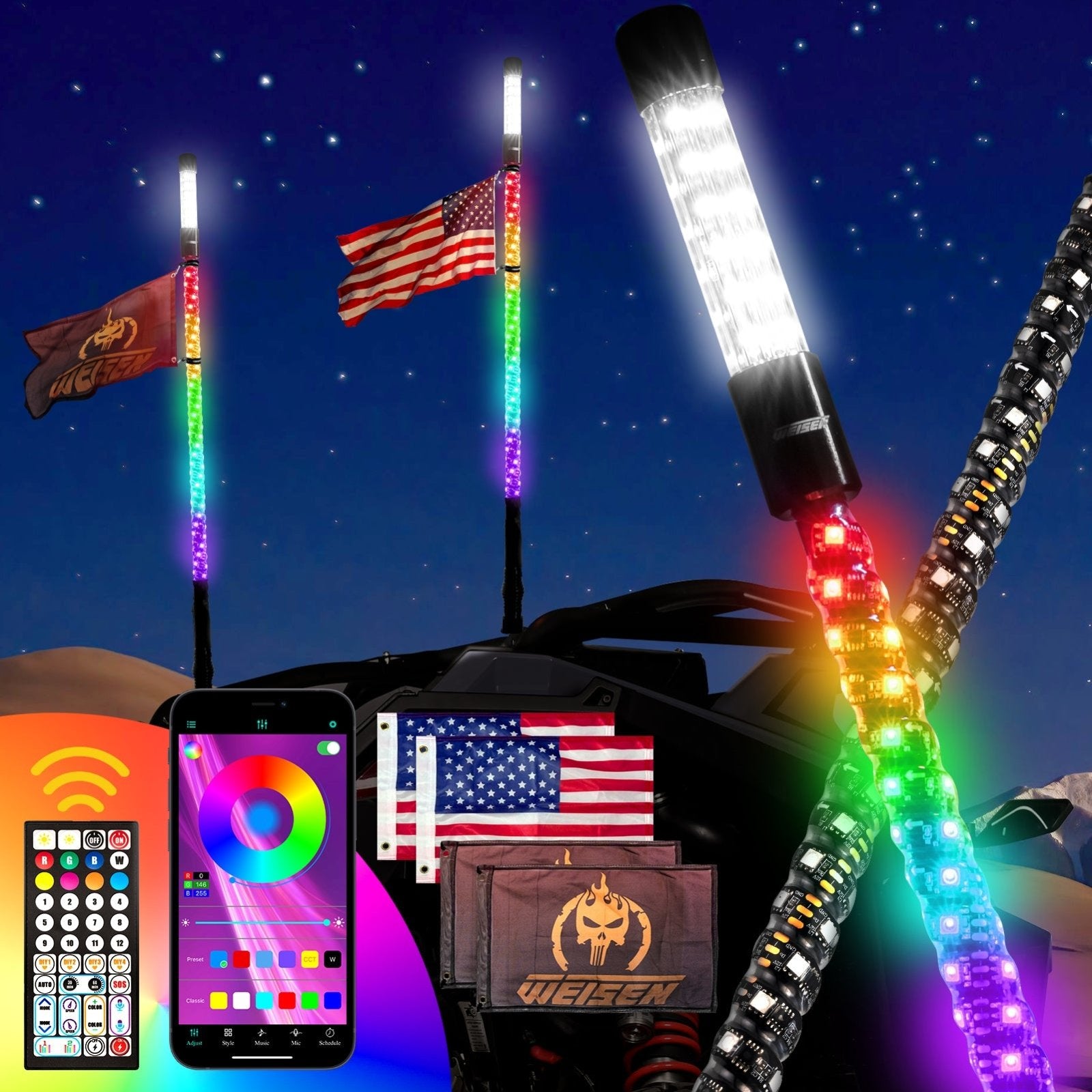 2Pcs 3FT LED RGB Whip Lights with Top Strobe For UTVs, ATVs, SUVs, RVs, Trailers, Golf Carts, Trucks - WeiSen - 80204020