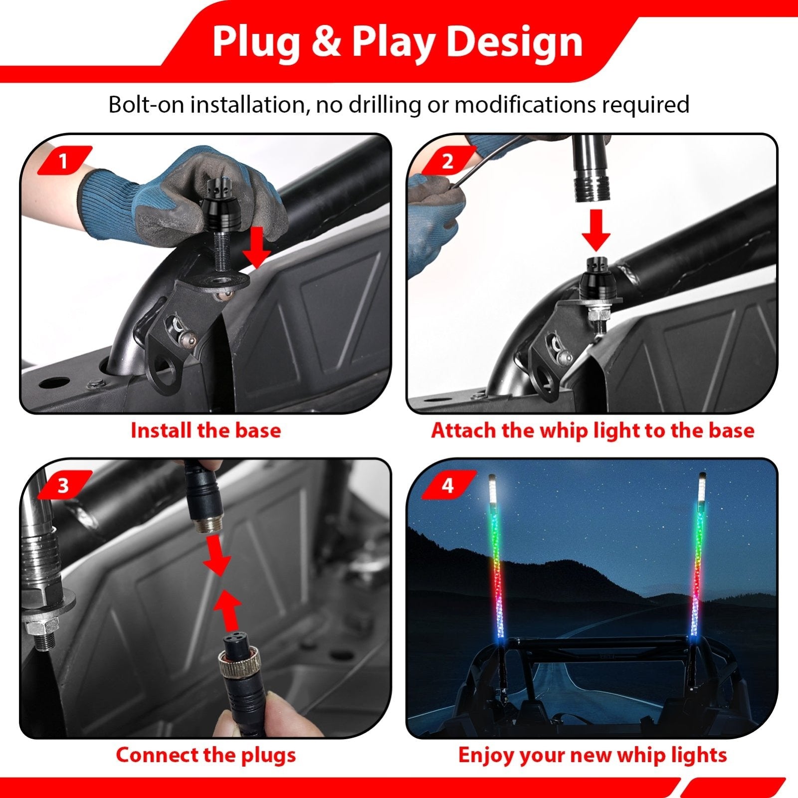 2Pcs 3FT LED RGB Whip Lights with Top Strobe For UTVs, ATVs, SUVs, RVs, Trailers, Golf Carts, Trucks - WeiSen - 80204020