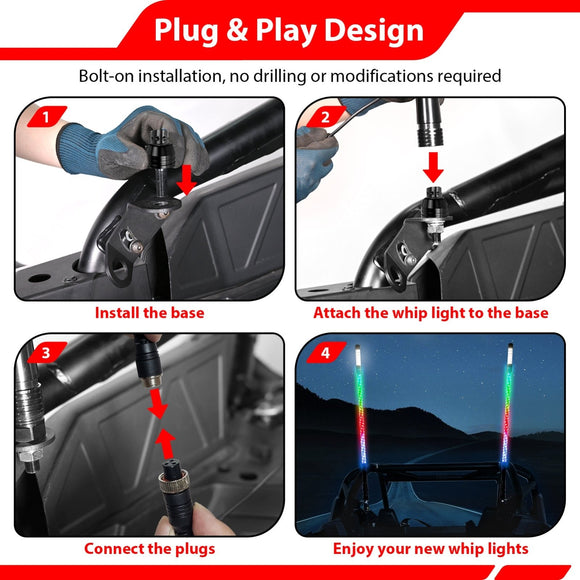 2Pcs 3FT LED RGB Whip Lights with Top Strobe For UTVs, ATVs, SUVs, RVs, Trailers, Golf Carts, Trucks - WeiSen - 80204020