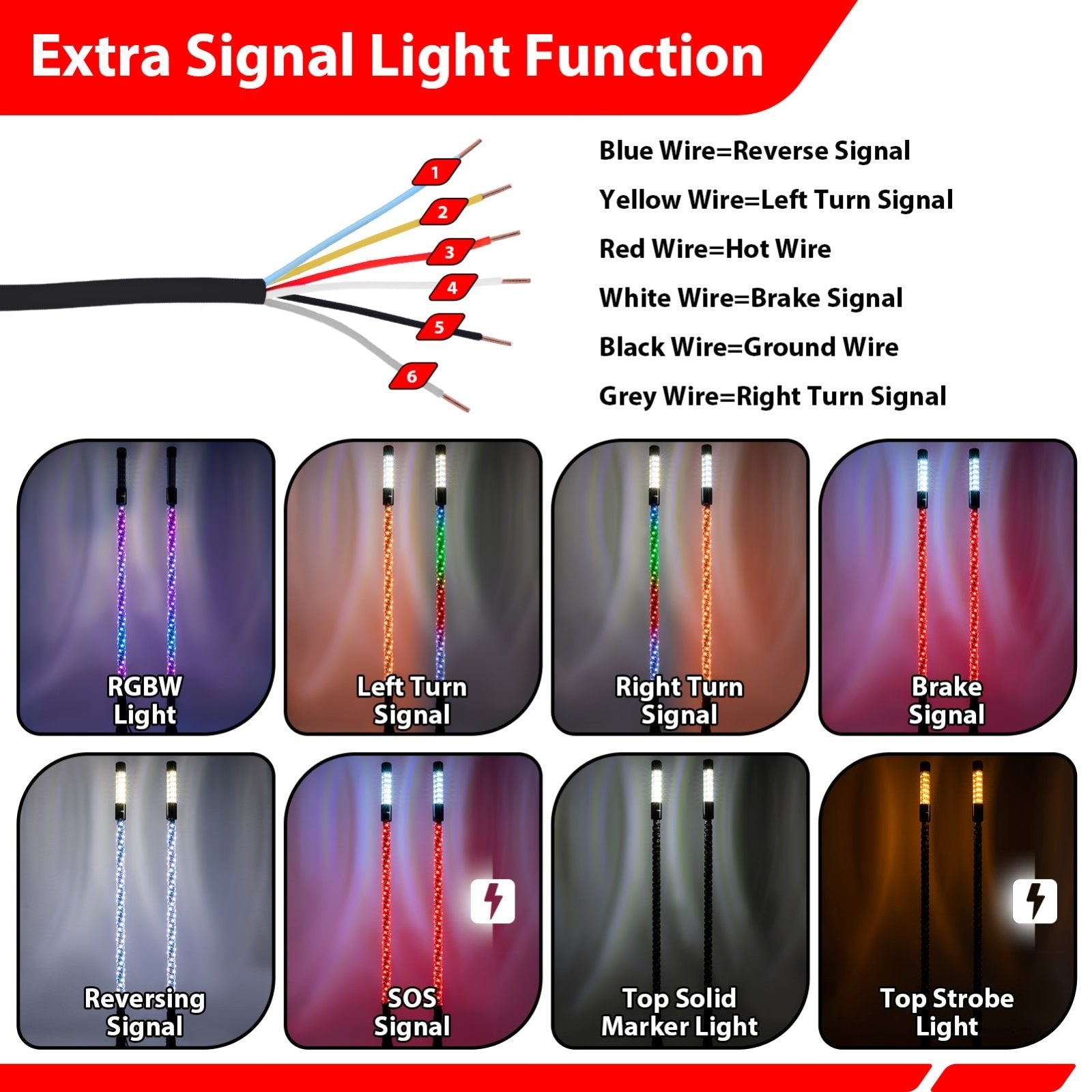 2Pcs 3FT LED RGB Whip Lights with Top Strobe For UTVs, ATVs, SUVs, RVs, Trailers, Golf Carts, Trucks - WeiSen - 80204020