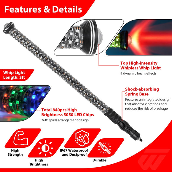 2pcs 3FT Whipless Fat LED Whip Light | Top Cover Navigation Light | Chasing Turn Signal Brake Reverse Light - WeiSen - 80204025