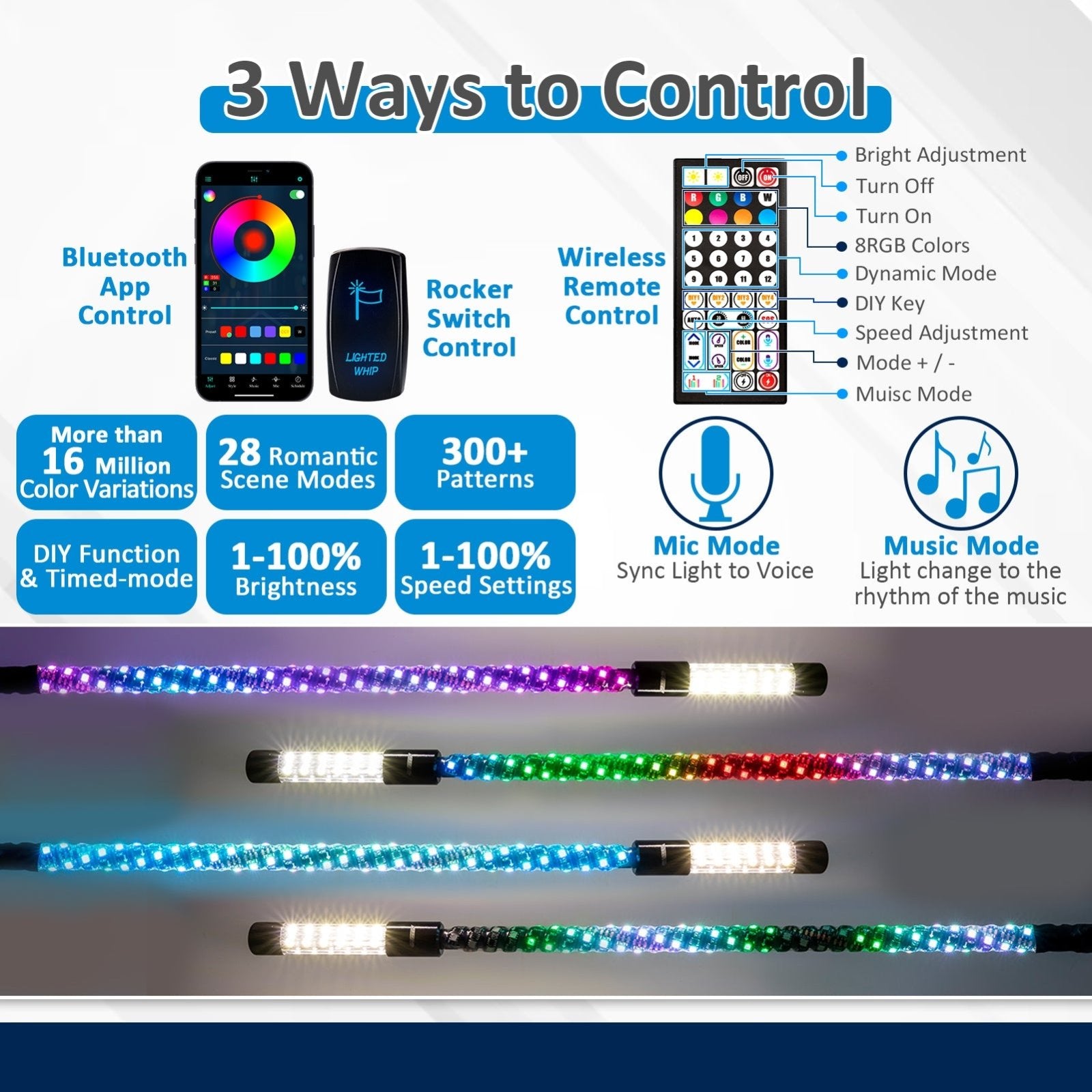 2Pcs 4FT LED RGB Whip Lights with Top Strobe For UTVs, ATVs, SUVs, RVs, Trailers, Golf Carts, Trucks - WeiSen - 80204021