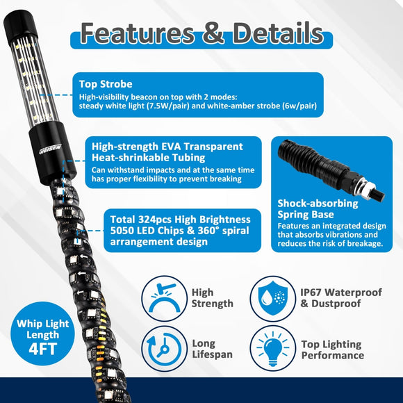 2Pcs 4FT LED RGB Whip Lights with Top Strobe For UTVs, ATVs, SUVs, RVs, Trailers, Golf Carts, Trucks - WeiSen - 80204021