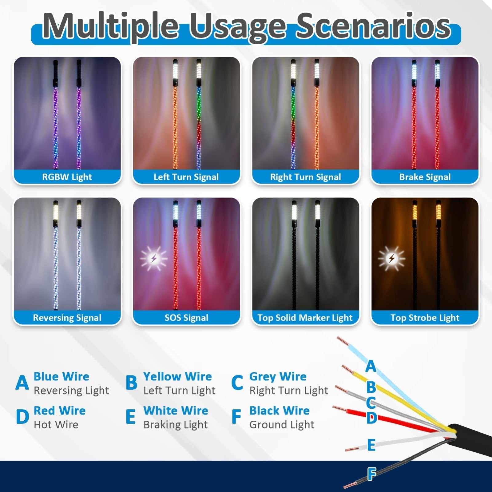 2Pcs 4FT LED RGB Whip Lights with Top Strobe For UTVs, ATVs, SUVs, RVs, Trailers, Golf Carts, Trucks - WeiSen - 80204021