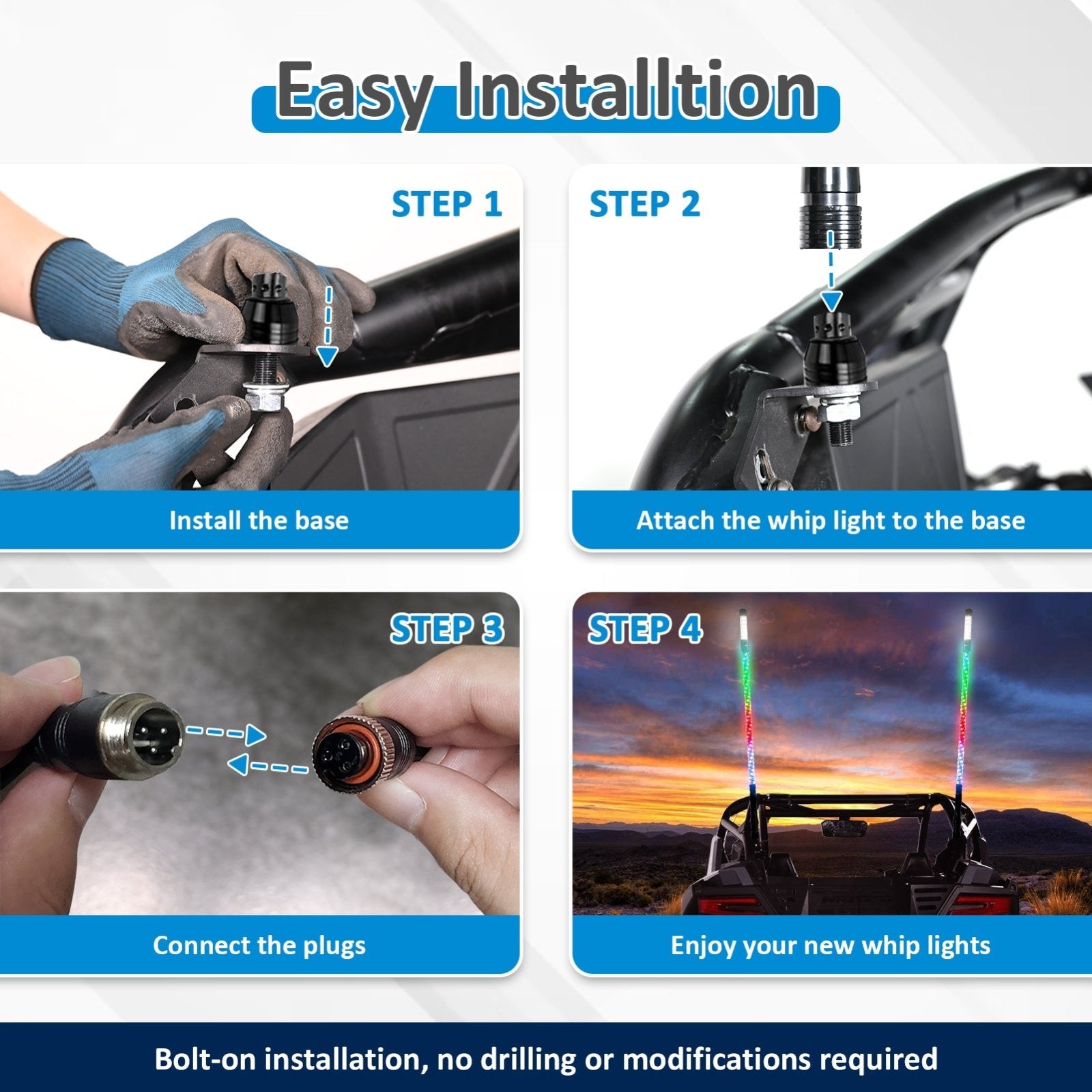 2Pcs 4FT LED RGB Whip Lights with Top Strobe For UTVs, ATVs, SUVs, RVs, Trailers, Golf Carts, Trucks - WeiSen - 80204021