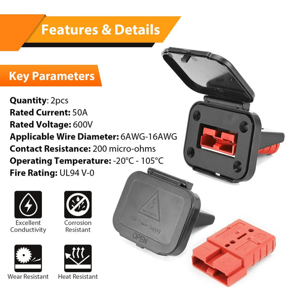 2pcs 50A Battery Quick Connect/ Disconnect Electrical Connector Plug Kit for 6 - 16 Gauge Cable - WeiSen - 80310047