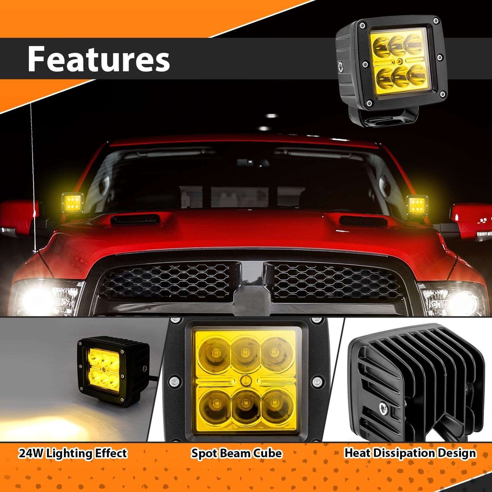 2Pcs Amber Spot Beam 3" LED Work Light Pods Universal for Off - road Pickup Truck SUV UTV Boat - Weisen