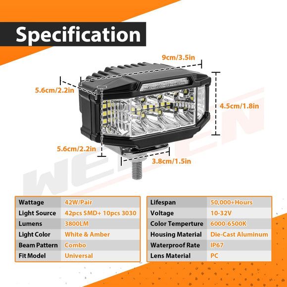 3.5" White & Amber Strobe LED Light Pods W/ Wiring Harness Kit for Pickups, Trucks, SUVs, UTVs, ATVs - WeiSen - 70201013