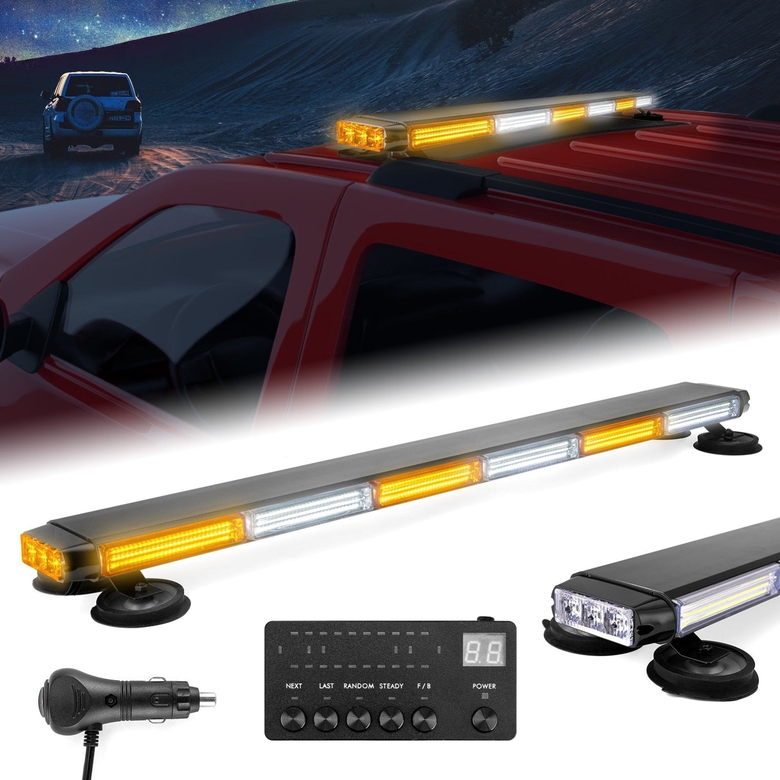 38.5" Roof Top Emergency COB LED Strobe Light Bar Double Side - Amber/White W/ Digital Display Controller for Off - Road Truck SUV Tow Trucks Pickup - WeiSen - 70207010