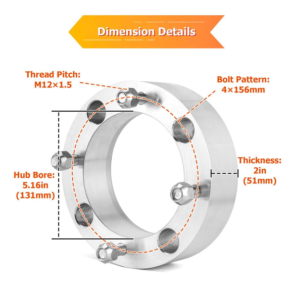 4pcs 2" Wheel Spacers 4x156mm for Polaris RZR XP1000/Ranger 1000/XP/General 1000/XP/4 | 6061 - T6 Forged Aluminum | M12x1.5 Thread | 131mm Hub Bore - WeiSen - 80403008