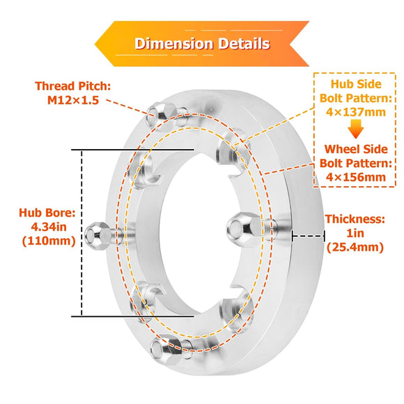 4Pcs [4x137 to 4x156] UTV ATV Aluminum 1" Wheel Spacer Adapter for Can - Am Commander Defender Kawasaki Mule Honda Talon 1000X - WeiSen - 80403013