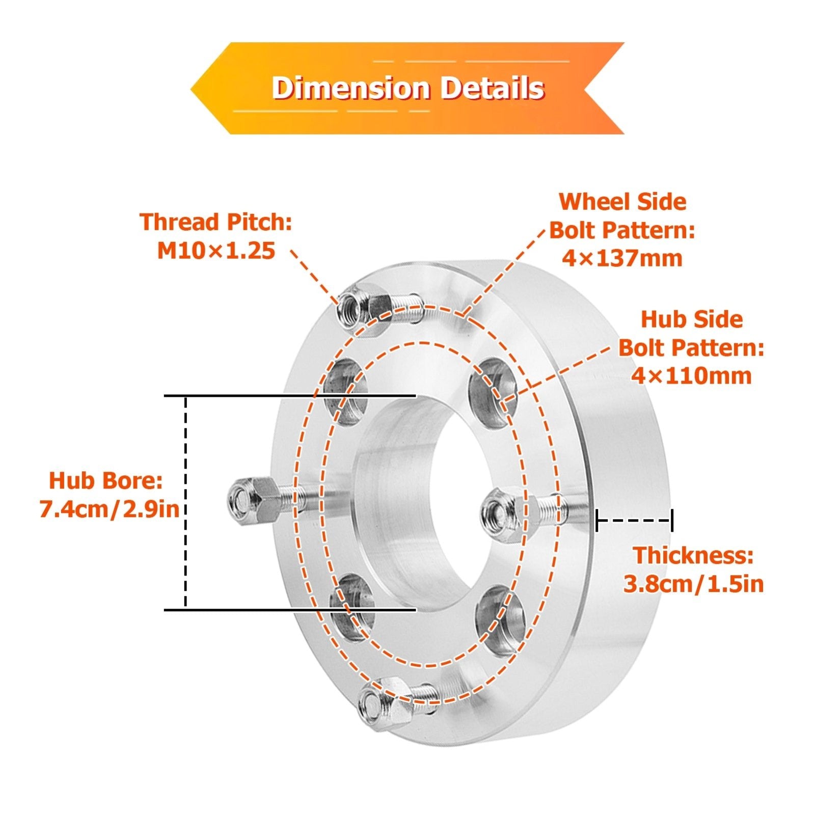 4pcs 6061 Aluminum 1.5" Wheel Spacer Adapter Fits UTVs/ATVs with 4x110mm Hub - Side - Bolt - Pattern & 4x137mm Wheel - Side - Bolt - Pattern - WeiSen - 80403019