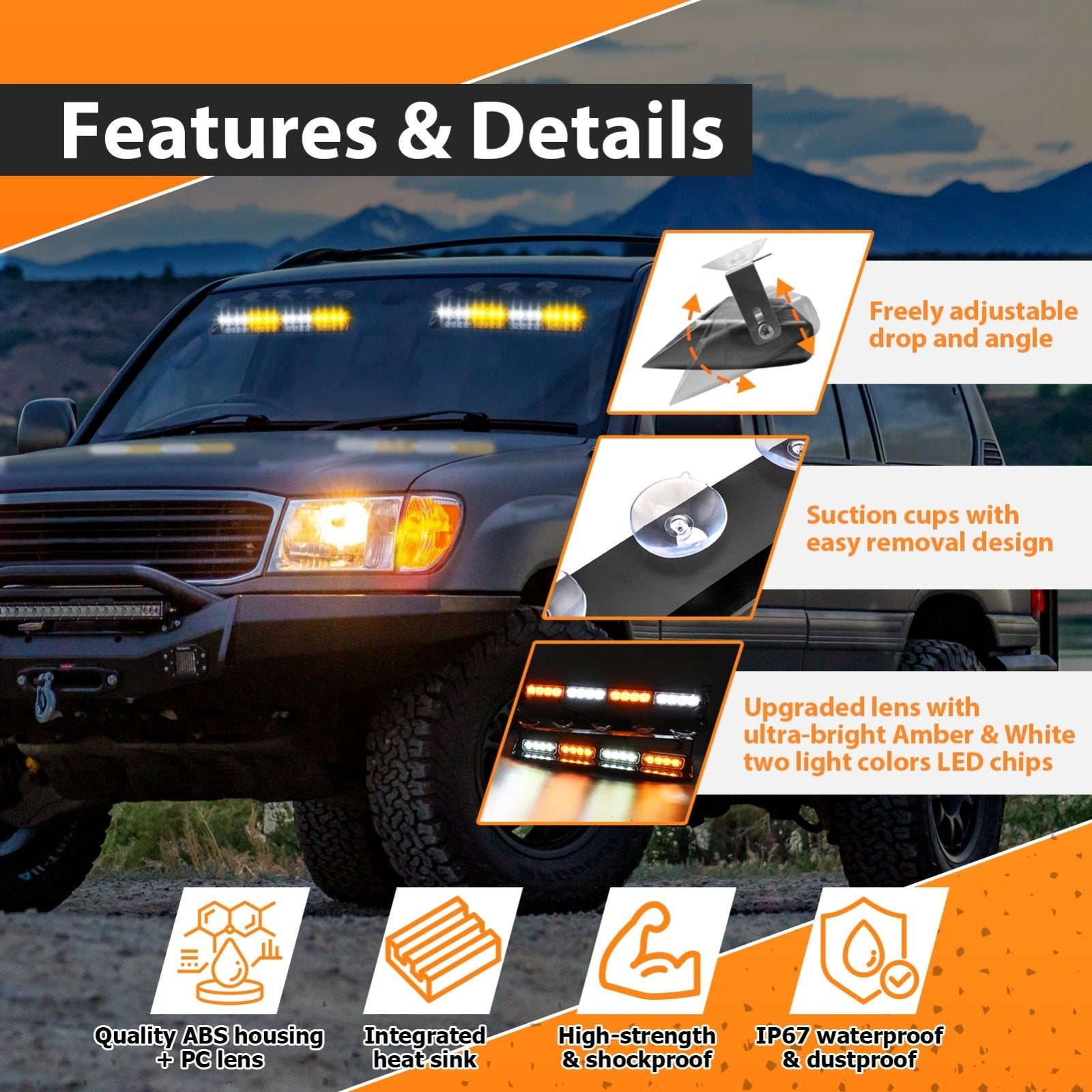 4pcs Universal Interior Windscreen Amber White Emergency Hazard Warning Strobe Light Kit - WeiSen - 70207009