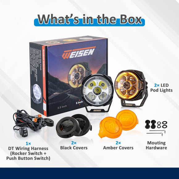 5" LED Pod Lights with DT Wiring Harness Kit – 3-Layer DRL, 6 Dynamic Modes (White & Amber) for Jeeps, Trucks, SUVs, ATVs, UTVs - WeiSen - 70201015
