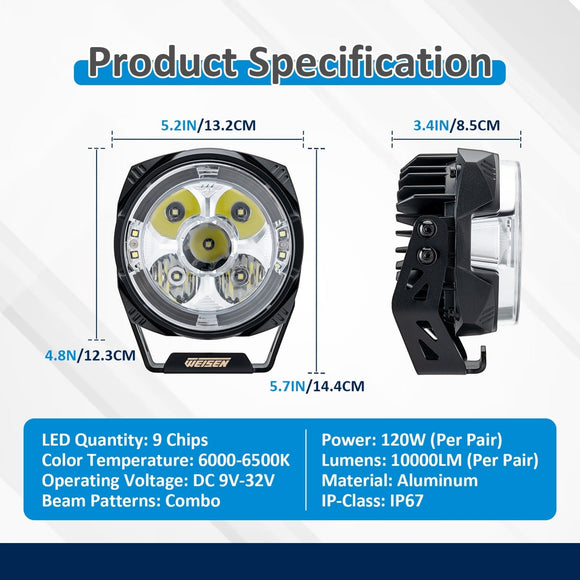5" LED Pod Lights with DT Wiring Harness Kit – 3-Layer DRL, 6 Dynamic Modes (White & Amber) for Jeeps, Trucks, SUVs, ATVs, UTVs - WeiSen - 70201015