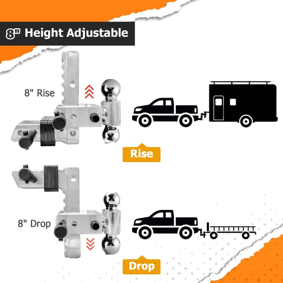 8 Inch Drop Adjustable Trailer Hitch Ball Mount Fits 2" Receiver Universal for Trailers, Trucks, RVs, Tow Trucks - WeiSen - 70304032