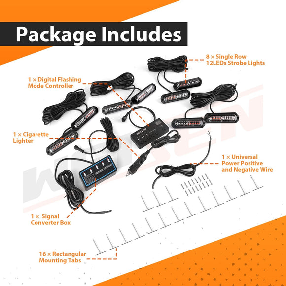 8Pcs Universal Surface Mount Slim Single Row 12LEDs Emergency Hazard Warning Lights Kit for Truck Jeep UTV ATV Tractor - WeiSen - 70207013