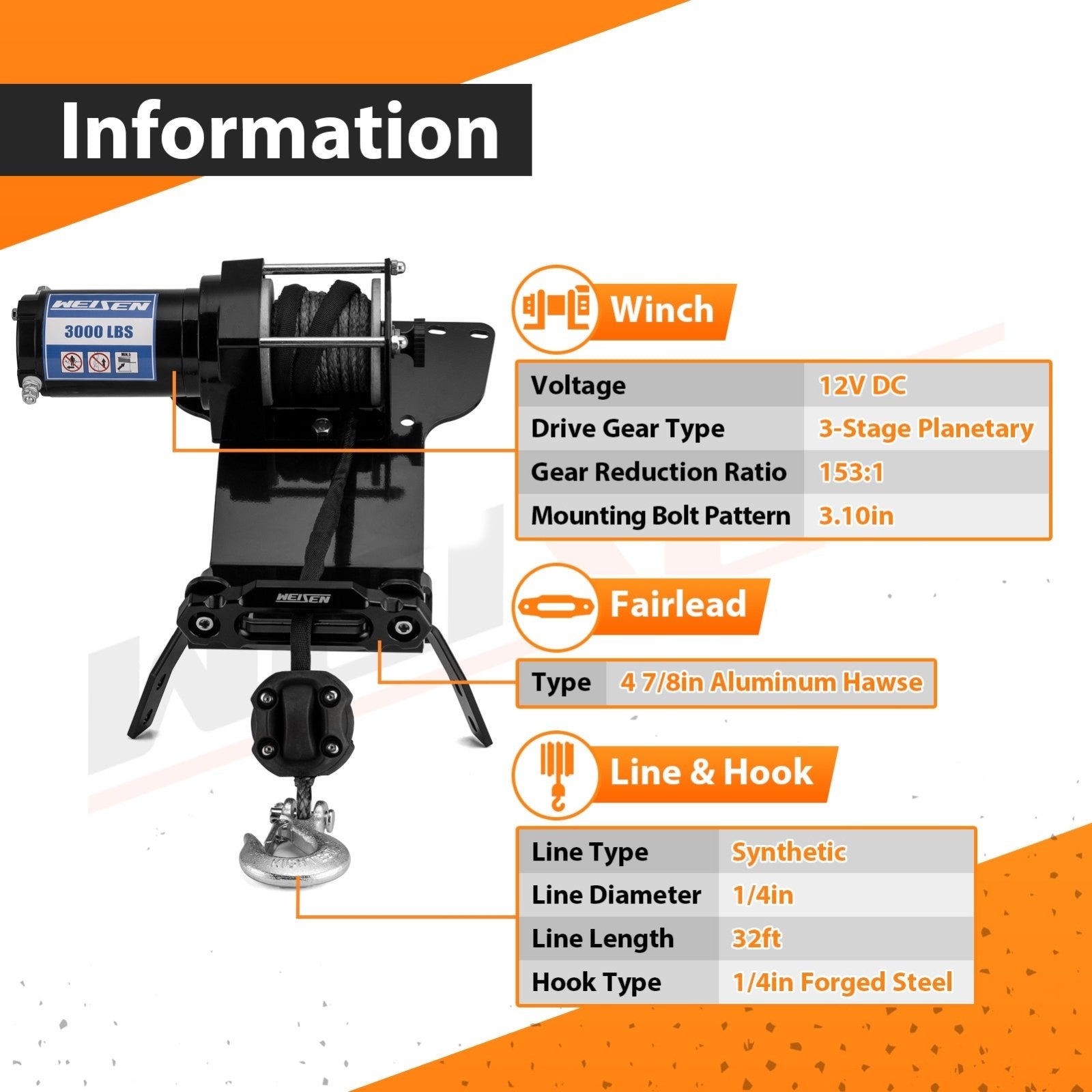 ATV 3000lb 12V Electric Winch Kit for 2000 - 2006 Honda Rancher TRX350 & 2004 - 2007 Honda Rancher TRX400 - WeiSen - 80310045