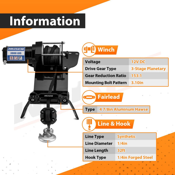 ATV 3000lb 12V Electric Winch Kit for 2000 - 2006 Honda Rancher TRX350 & 2004 - 2007 Honda Rancher TRX400 - WeiSen - 80310045