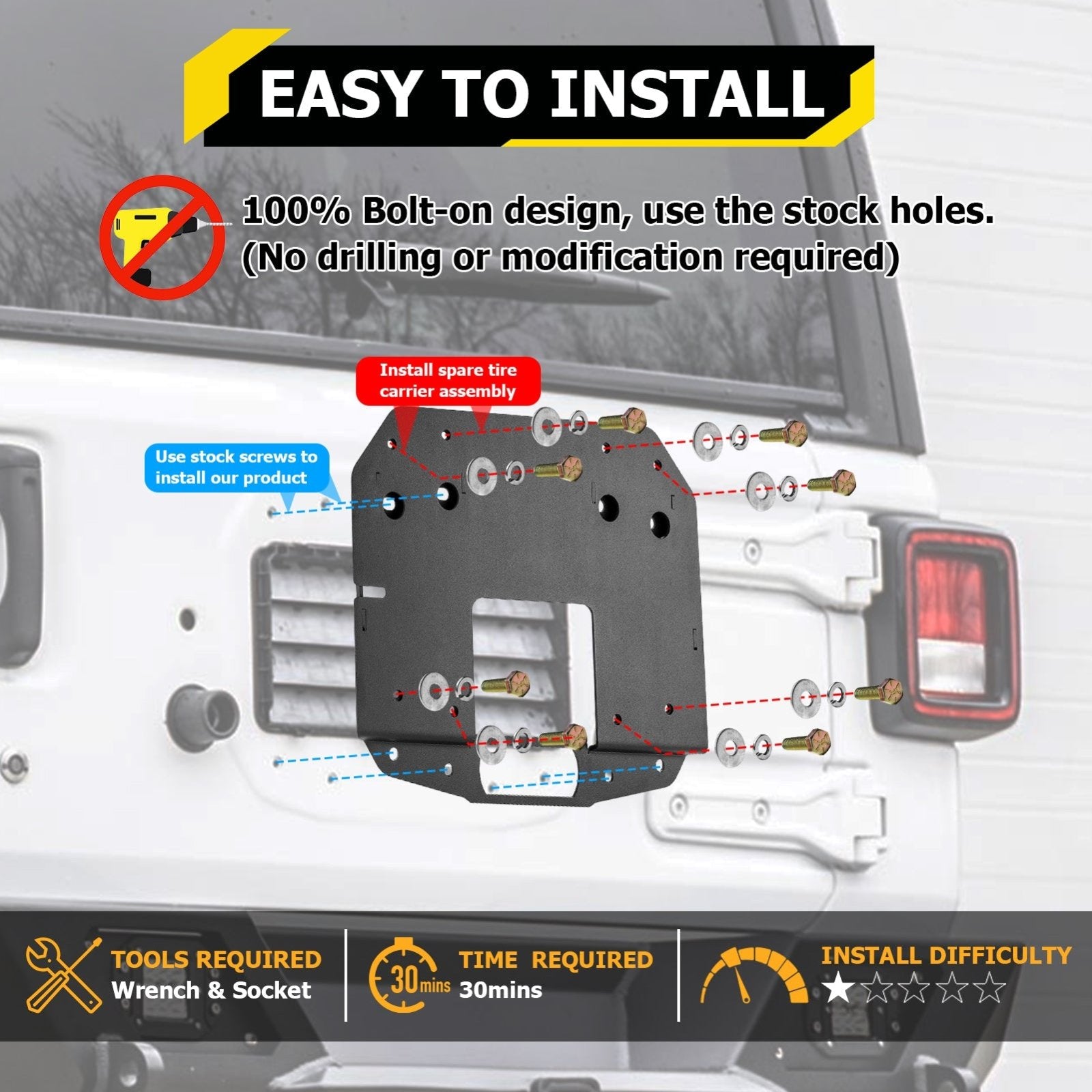 CNC Steel Spare Tire Carrier Relocation Bracket for 2018 - 2024 Jeep Wrangler JL without Rear Proximity Sensors - Weisen