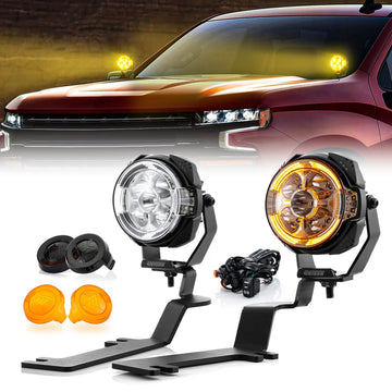 For 2019-2022 Chevrolet Silverado 1500 Hood Hinge Ditch LED Pod Lights 3.5" – 3-Layer DRL, 6 Modes, DT Harness - WeiSen - 70104031+70201014