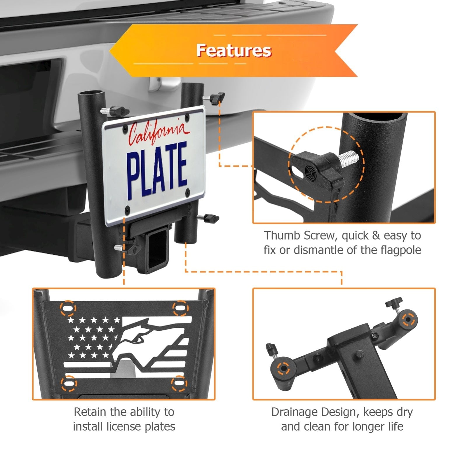 Heavy Duty Steel Dual Flag Pole Holder Hitch Mount for Trucks SUVs RVs Pickups with 2" Hitch - Weisen