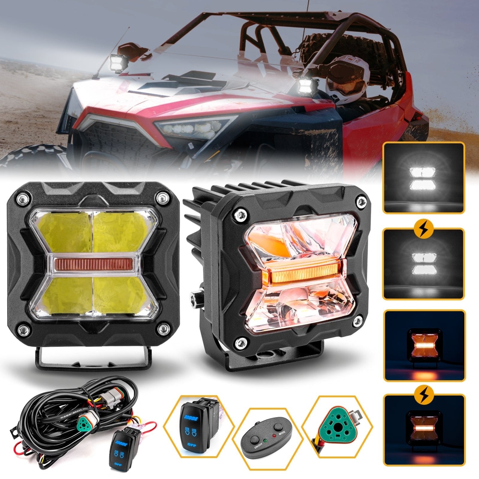 Pickups Trucks UTV SUV White & Amber Spot Beam & DRL BackLight 3" LED Strobe Light Pods W/ DT Wiring Harness Kit - Weisen