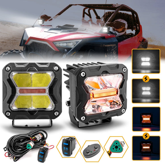 Pickups Trucks UTV SUV White & Amber Spot Beam & DRL BackLight 3" LED Strobe Light Pods W/ DT Wiring Harness Kit - WeiSen - 70201007