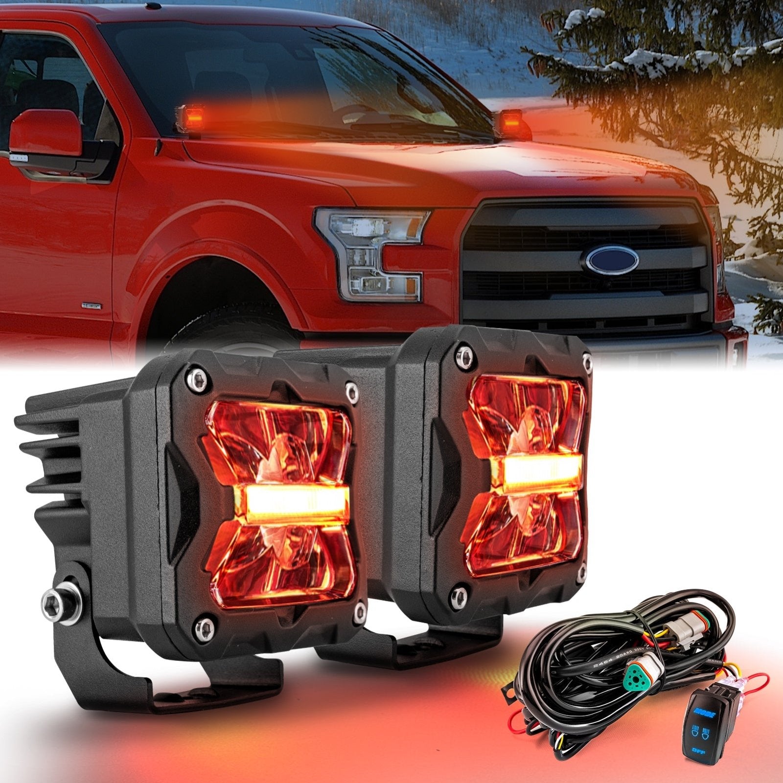 Pickups Trucks UTV SUV White & Amber Spot Beam & DRL BackLight 3" LED Strobe Light Pods W/ DT Wiring Harness Kit - Weisen