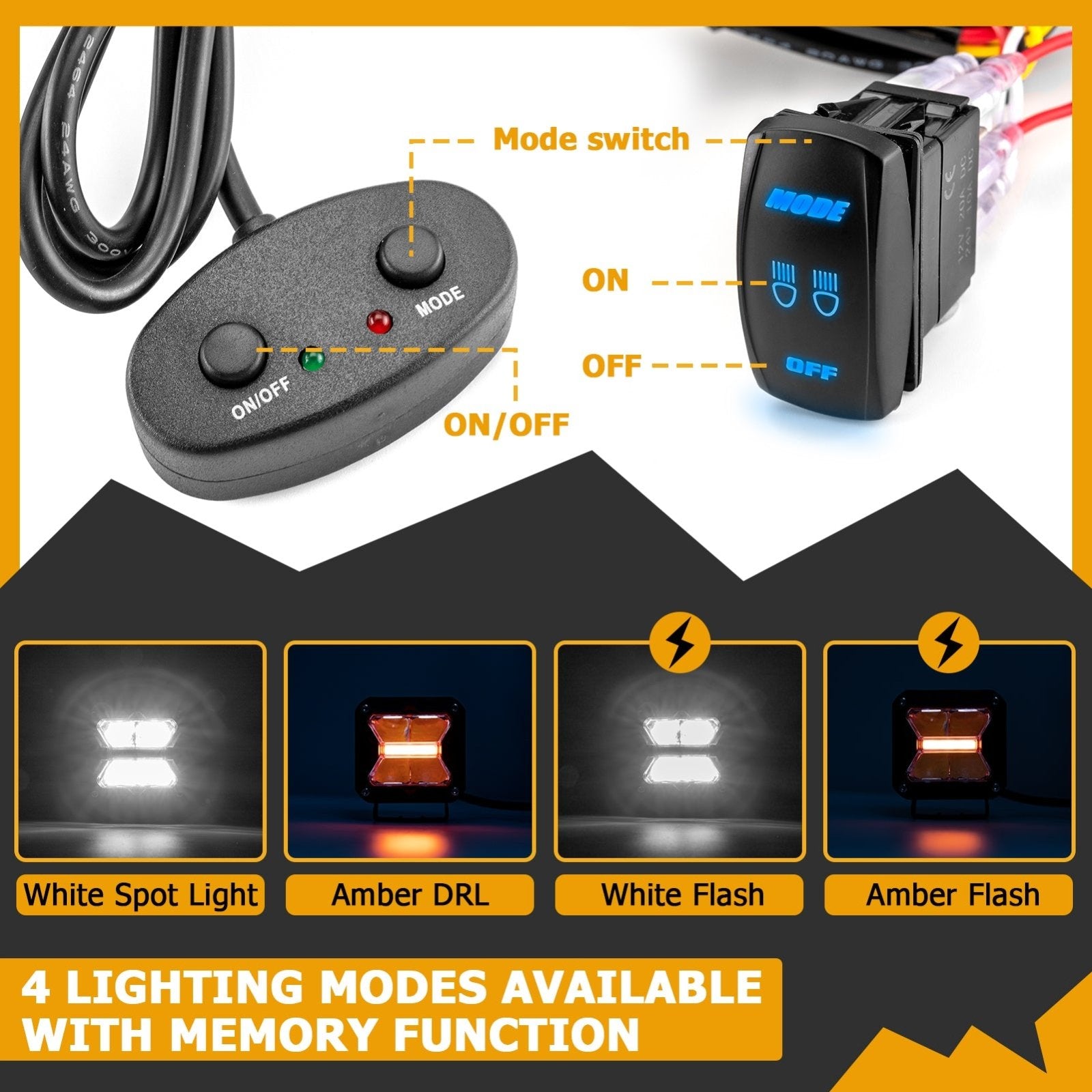 Pickups Trucks UTV SUV White & Amber Spot Beam & DRL BackLight 3" LED Strobe Light Pods W/ DT Wiring Harness Kit - Weisen