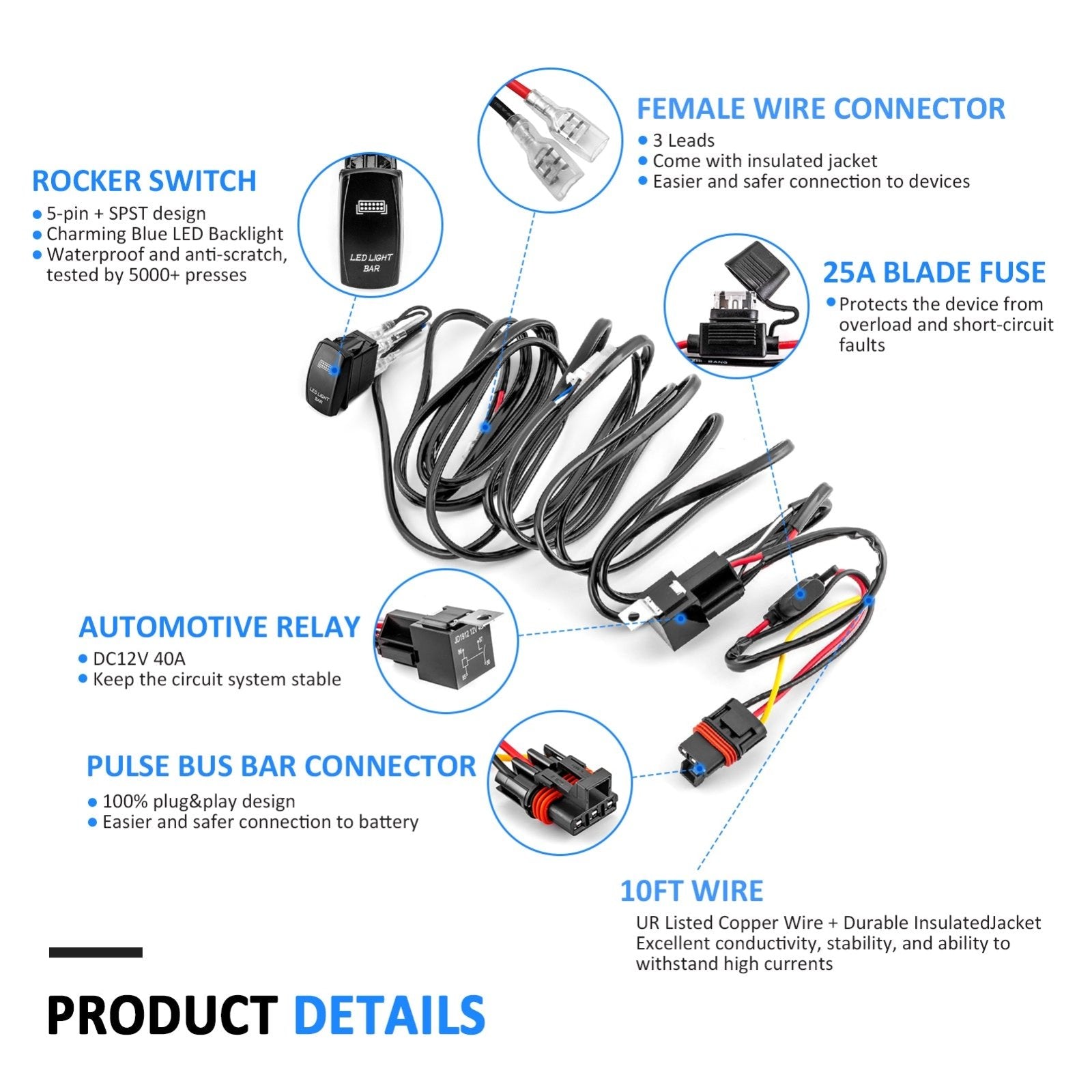 Polaris 3 Lead 14AWG & 18AWG Wiring Harness Kit with Pulse Power Bar Plug Connector for LED Lights - WeiSen - 80206019