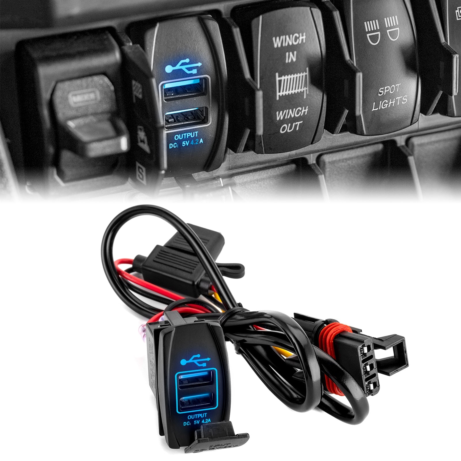 Polaris Dual USB 4.2A Fast Charger with Pulse Power Bar Plug Connector Rocker Style Switch Fuse - WeiSen - 80206018