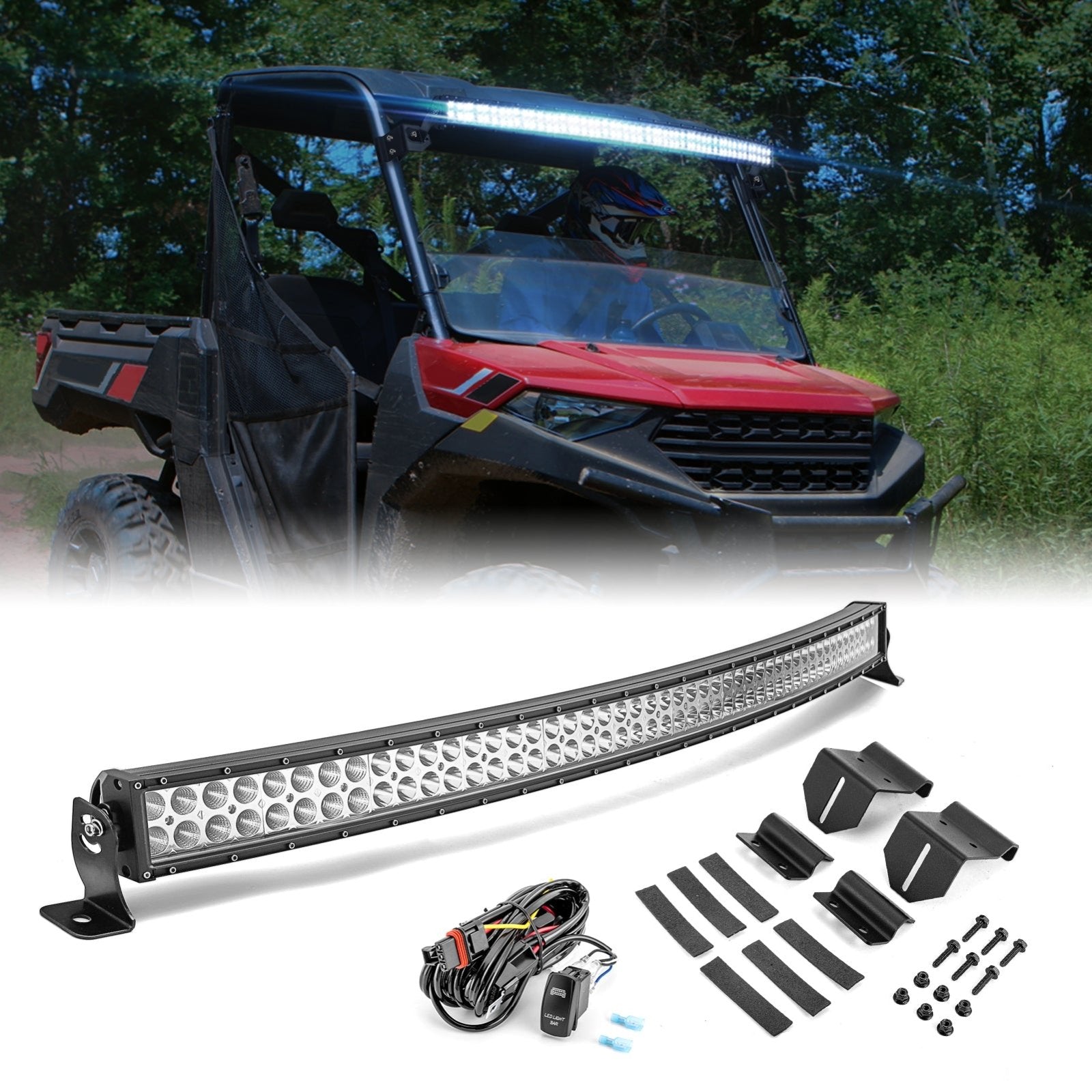 Polaris Ranger 1000/900/570 Fullsize Pro - fit Cage Roof 50" Curved LED Light Bar Kit - WeiSen - 80101016+70202010+80206007