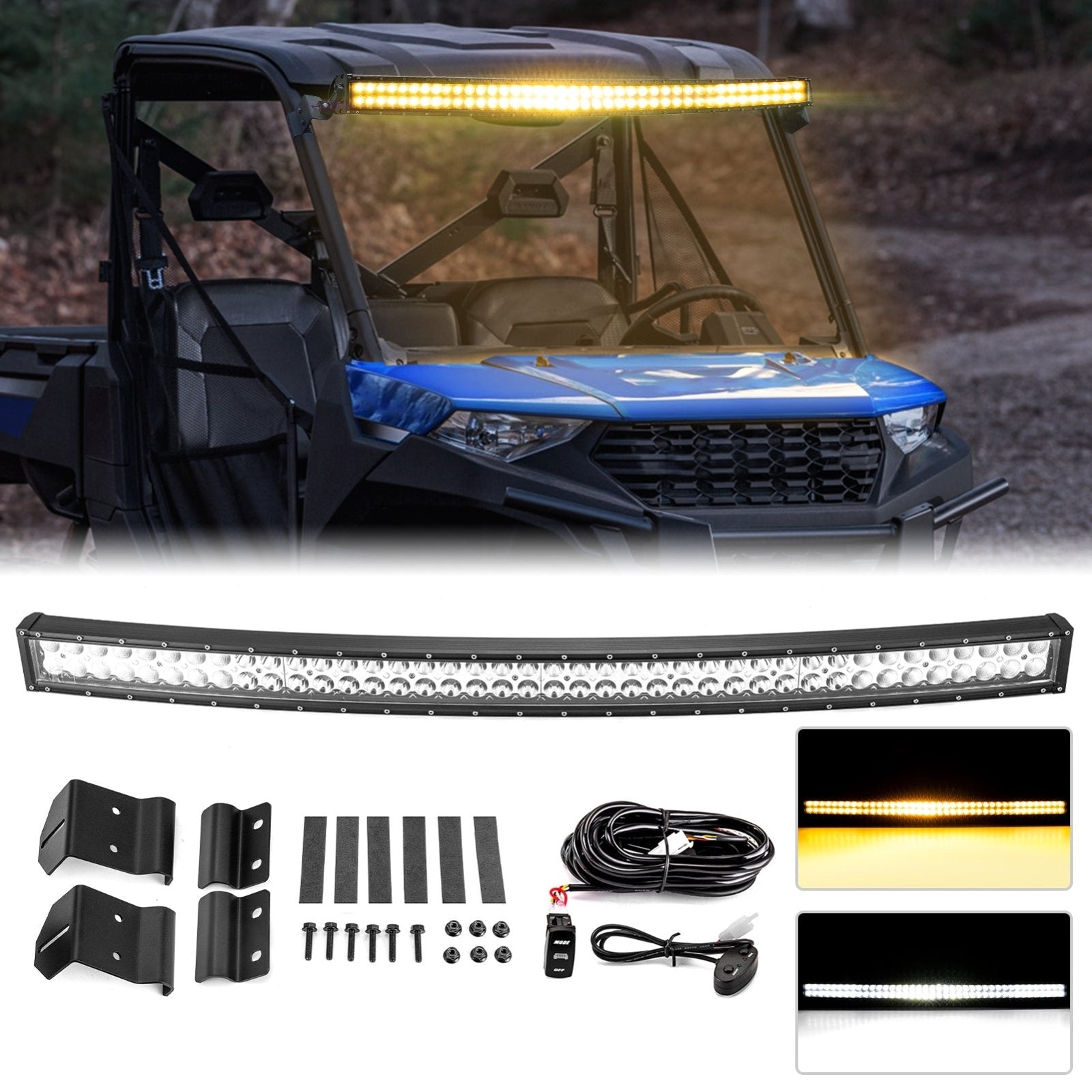 Polaris Ranger 570/900/1000 Fullsize Roof Amber/White Strobe 52" Dual Row Curved LED Light Bar Kit - Weisen