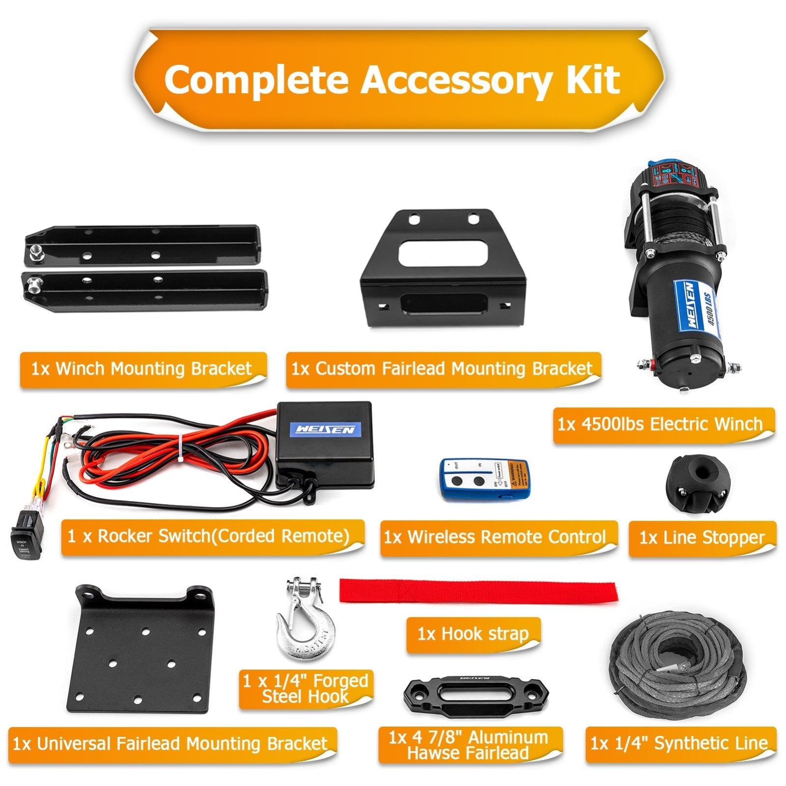 Polaris RZR 570/800/4 800/S 800 Wireless Remote Control 4500lb 12V Electric Winch Kit - WeiSen - 80310044