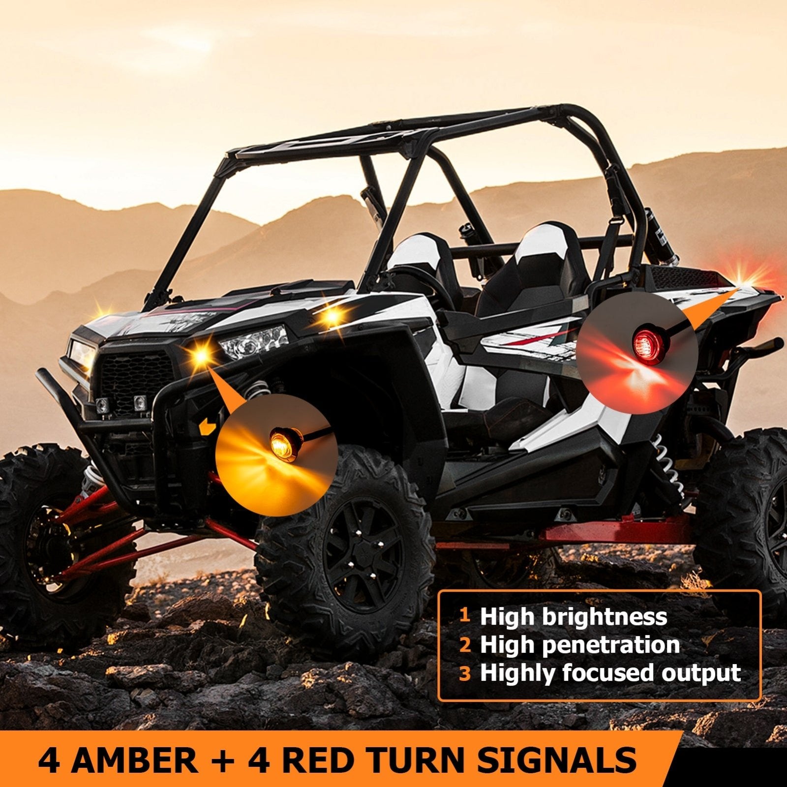 Polaris RZR/ Rranger 8 Amber Red LED Turn Signal Kit w/ Pulse Power Bar Plug Connector - WeiSen - 80206014