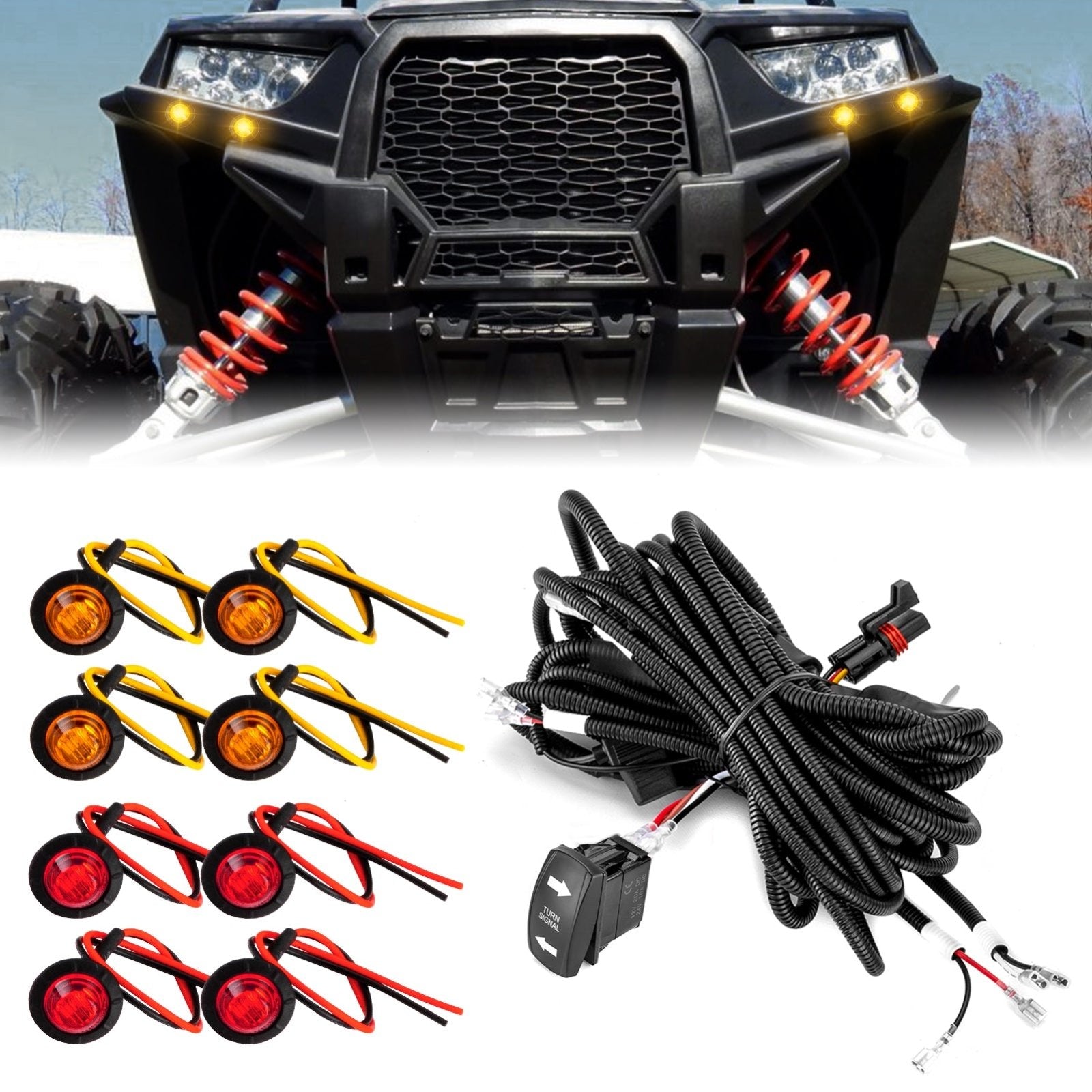 Polaris RZR/ Rranger 8 Amber Red LED Turn Signal Kit w/ Pulse Power Bar Plug Connector - Weisen