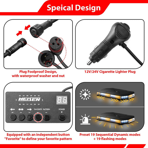 Roof Top Emergency Strobe Light Bar & Magnetic Mounting Bracket Kit for 2020-2025 Chevy 1500-3500 Work Cab/GMC 1500-3500 Work Cab Non Spoiler - WeiSen - 70105010