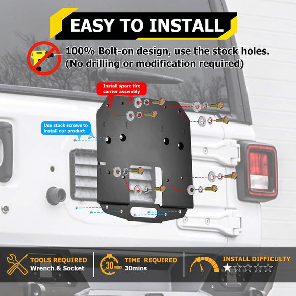 Solid Steel Bolt - on Spare Tire Carrier Relocation Bracket for 2018 - 2024 Jeep Wrangler JL w/ Rear Proximity Sensors - WeiSen - 70120015