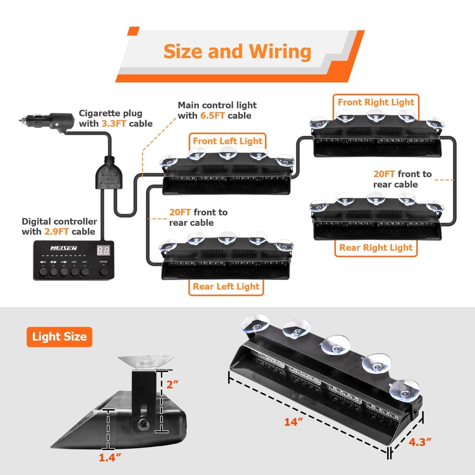 SUV Toyota Honda Hyundai KIA 4PCS Universal Single Row 16LEDs Amber White Emergency Hazard Warning Strobe Lights Kit - Weisen