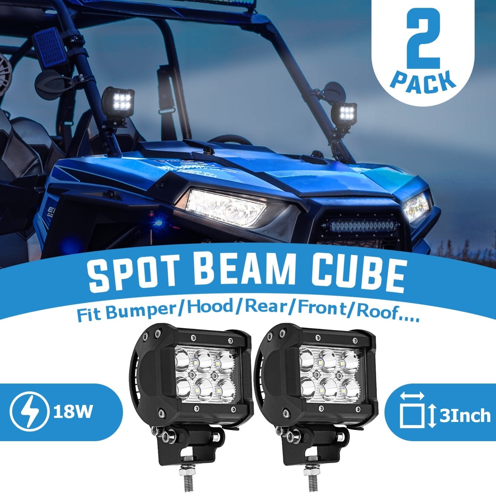 Universal Off-road ATV/UTV/Golf Cart 3" 18W LED Fog Lights Work Light Pods - Weisen