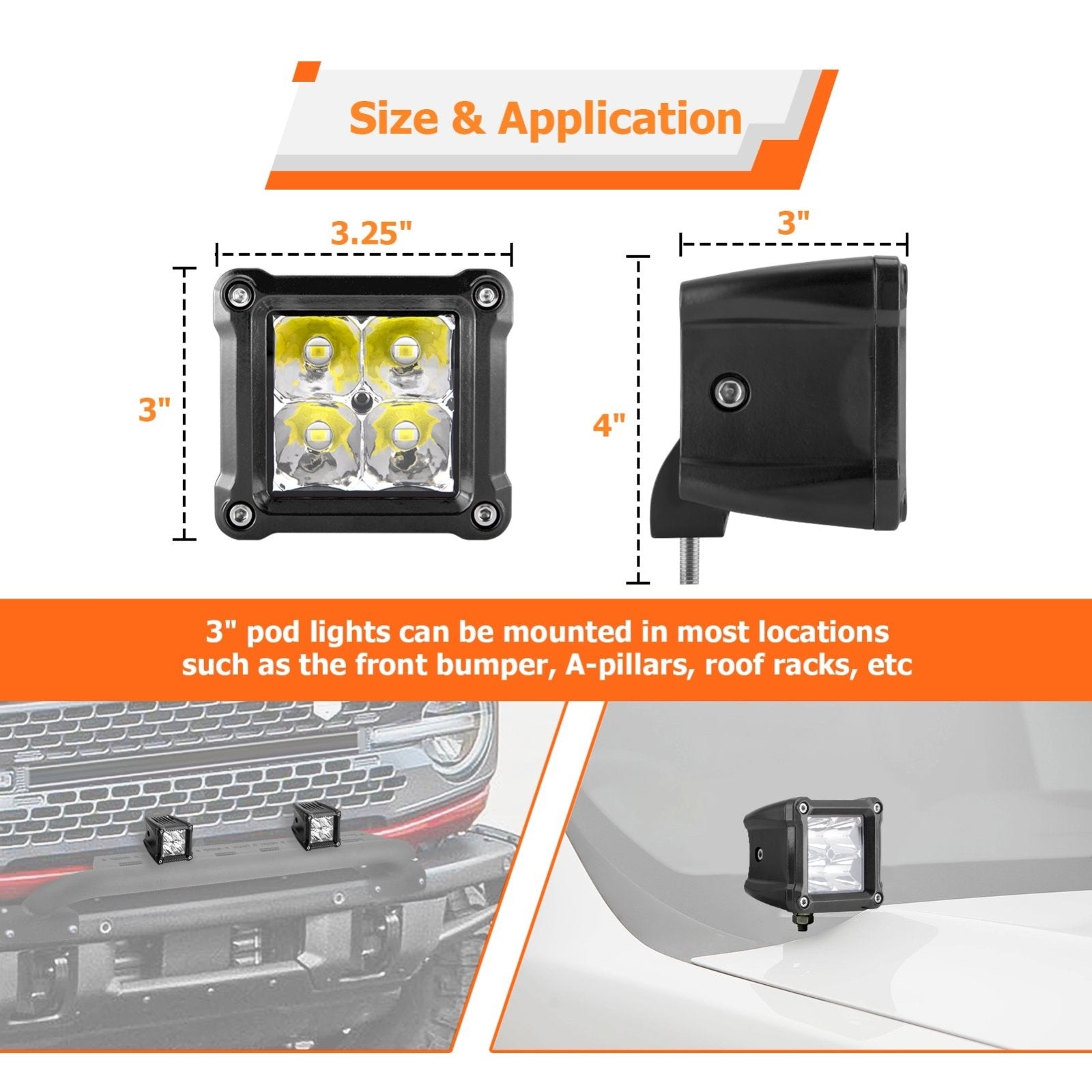 Universal Off-Road Trucks SUVs Jeeps UTV 30° Spot Beam IP67 3" 40W LED Light Pods - Weisen