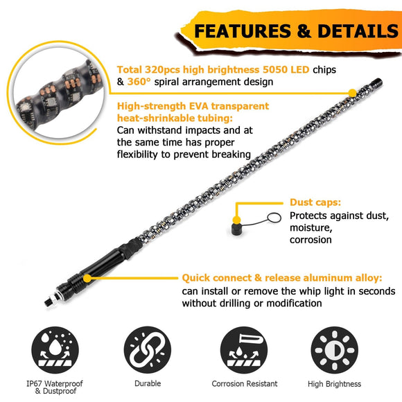 UTV ATV 2Pcs 3FT LED Spiral RGB Whip Lights Chasing Lighted Antenna Whips | RF Remote Controller & APP - WeiSen - 80204011