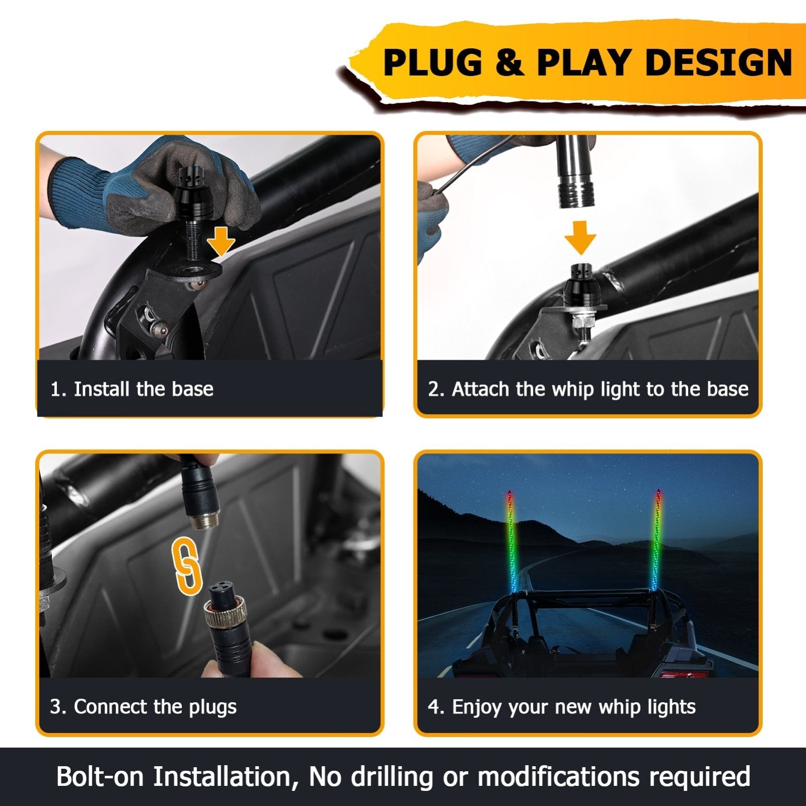 UTV ATV 2Pcs 3FT LED Spiral RGB Whip Lights Chasing Lighted Antenna Whips | RF Remote Controller & APP - WeiSen - 80204011