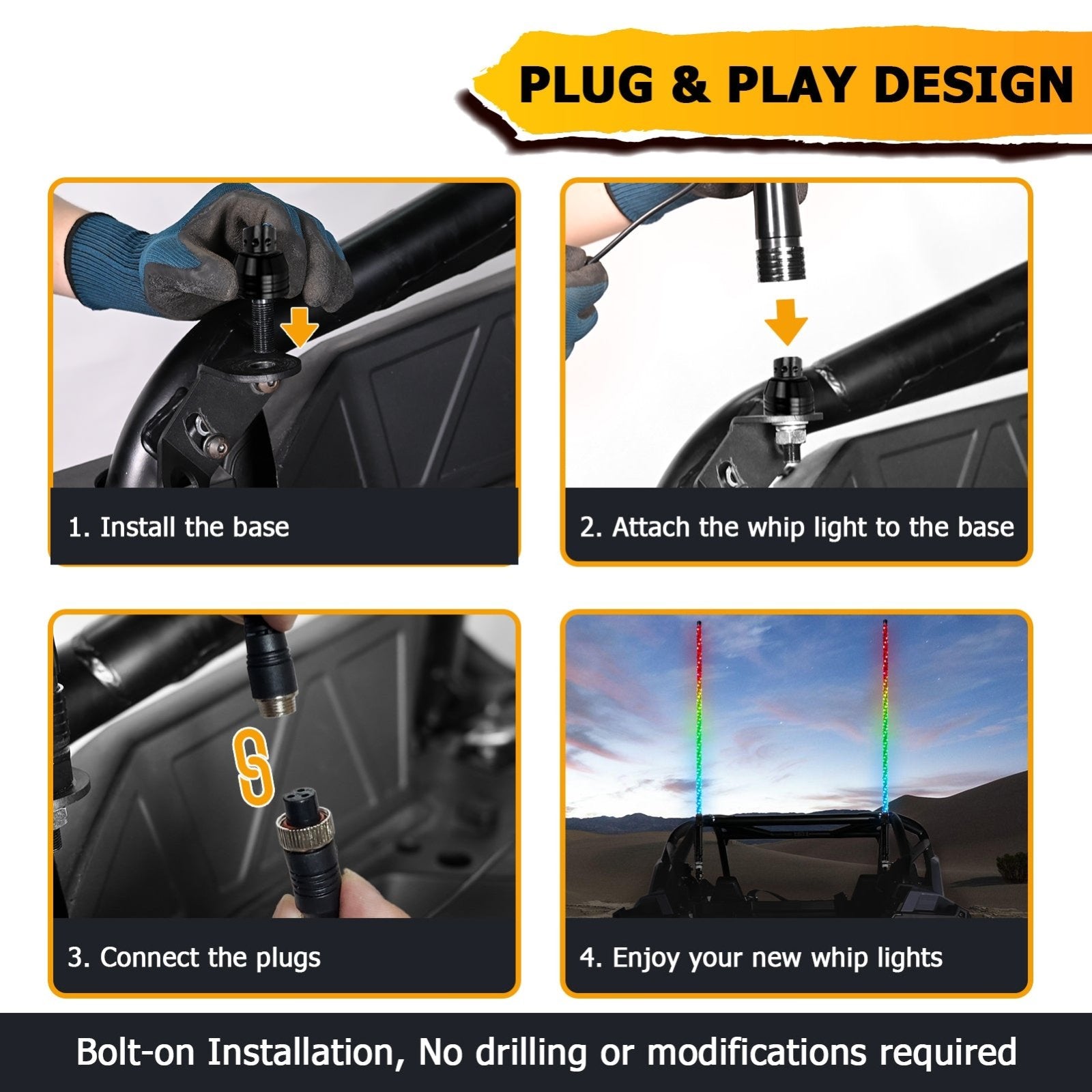 UTV ATV 2Pcs 4FT LED Spiral RGB Whip Lights Chasing Lighted Antenna Whips | RF Remote Controller & APP - WeiSen - 80204012